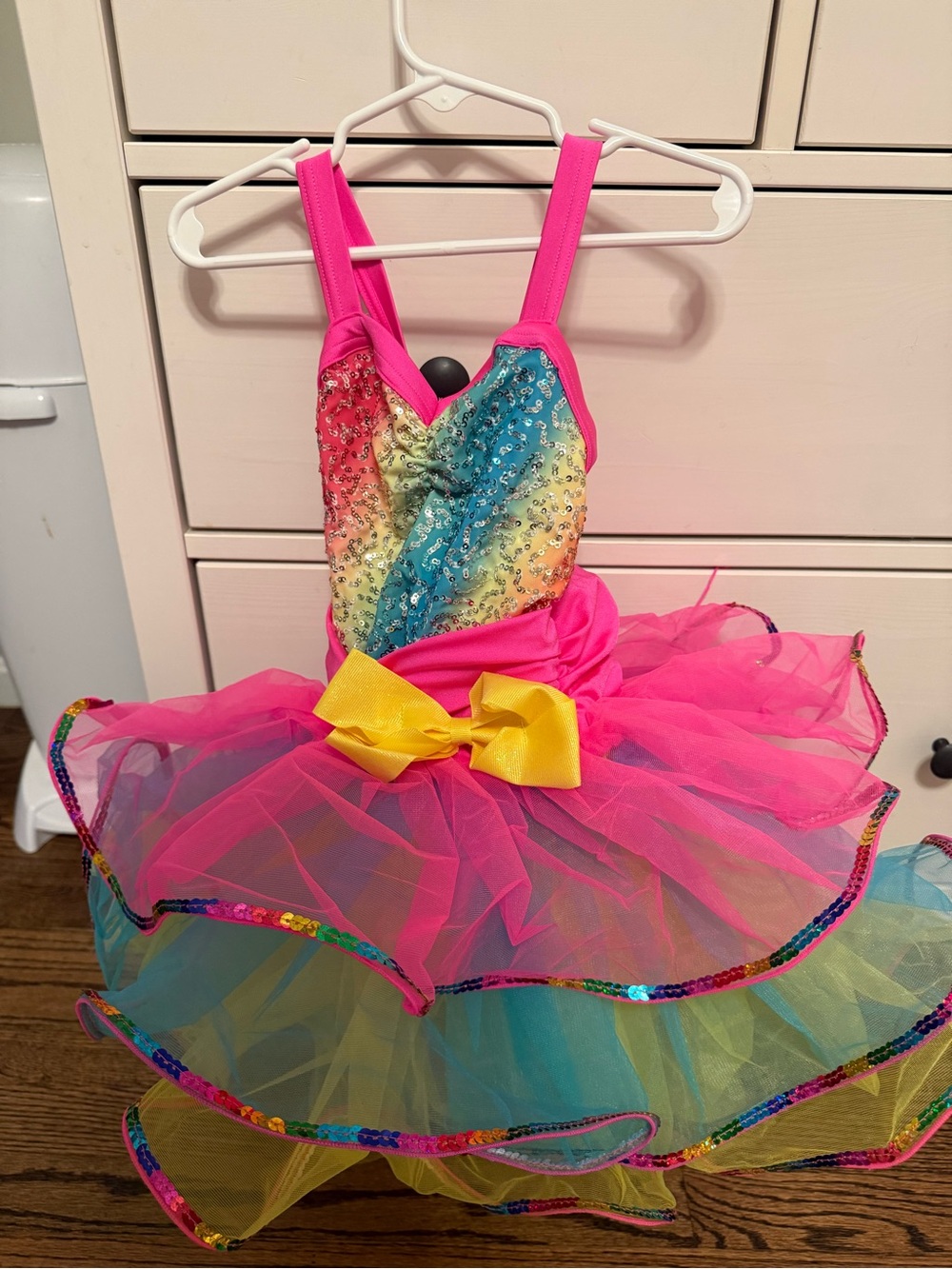 Weissman Rainbow Sequin Dance Tutu Dress with Hot Pink and Yellow Accents
